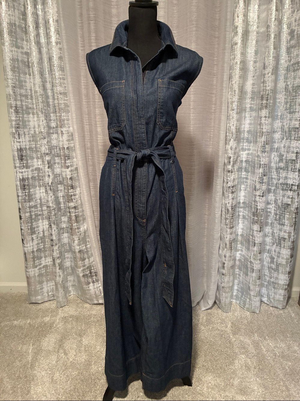 Free Assembly Sleeveless Dark Indigo Denim Wide-Leg Jumpsuit with Self-Tie Waist